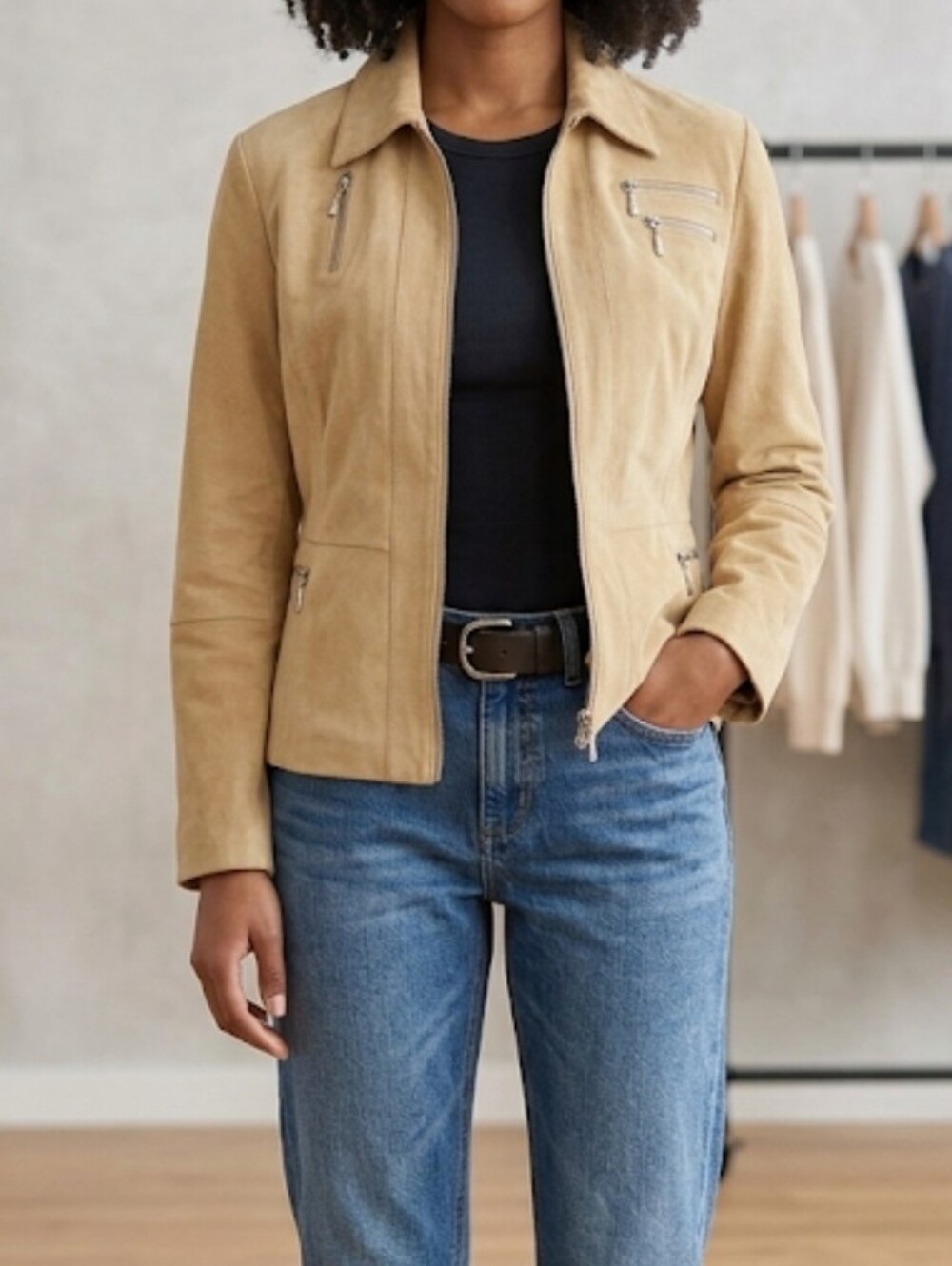 Women’s Tan Suede Moto  Zip-Front Leather Jacket - Picture 16 of 17